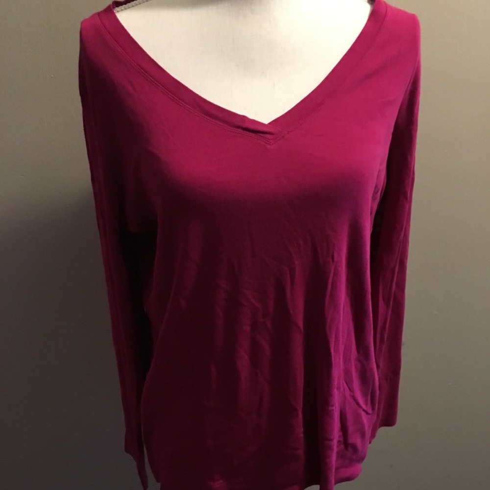 1X Lands End Magenta L/S V Neck Top